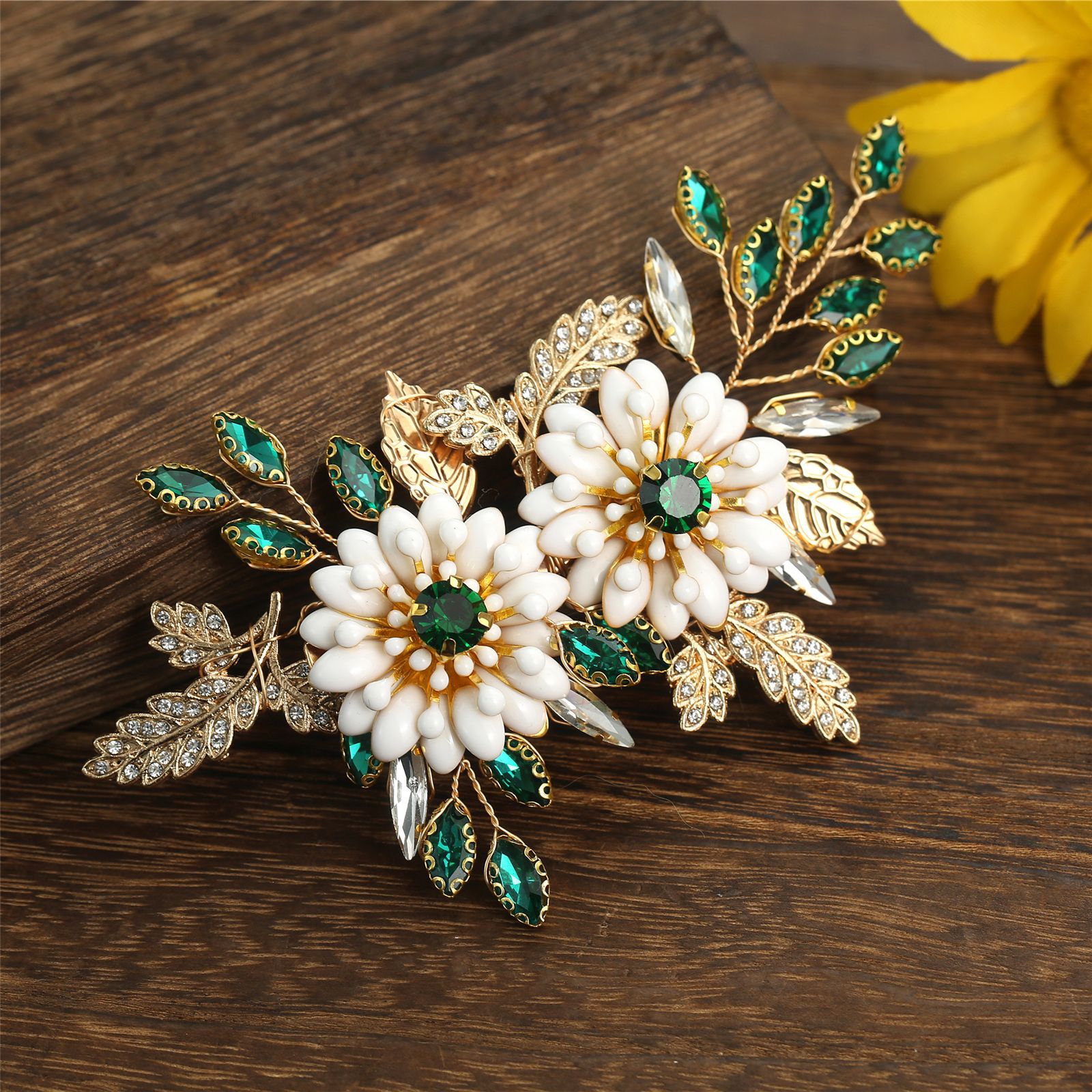 欧美跨境专供 祖母绿色抓钻金色合金叶子镶钻发夹配饰新娘头发饰