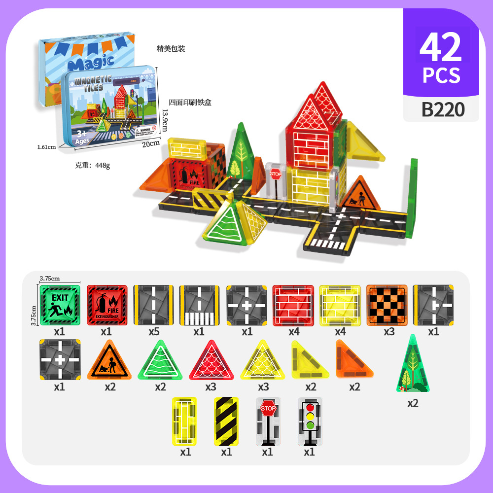 Bloques magnéticos transfronterizos mini carreteras hojas magnéticas de tráfico urbano construcción ventana de color portátil caja de hierro 3.75 hojas magnéticas