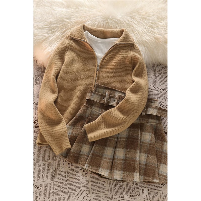 韩系慵懒风套装双拉链软糯针织毛衣外套毛呢格子百褶半身裙两件套