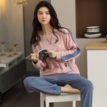 全棉睡衣女秋冬新款款双面紧赛纯棉家居服休闲可外穿圆领套头套装