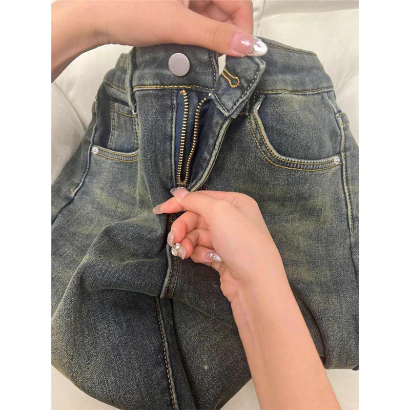 加绒加厚微喇直筒牛仔裤女秋冬大码胖mm高腰弹力遮胯显瘦喇叭长裤