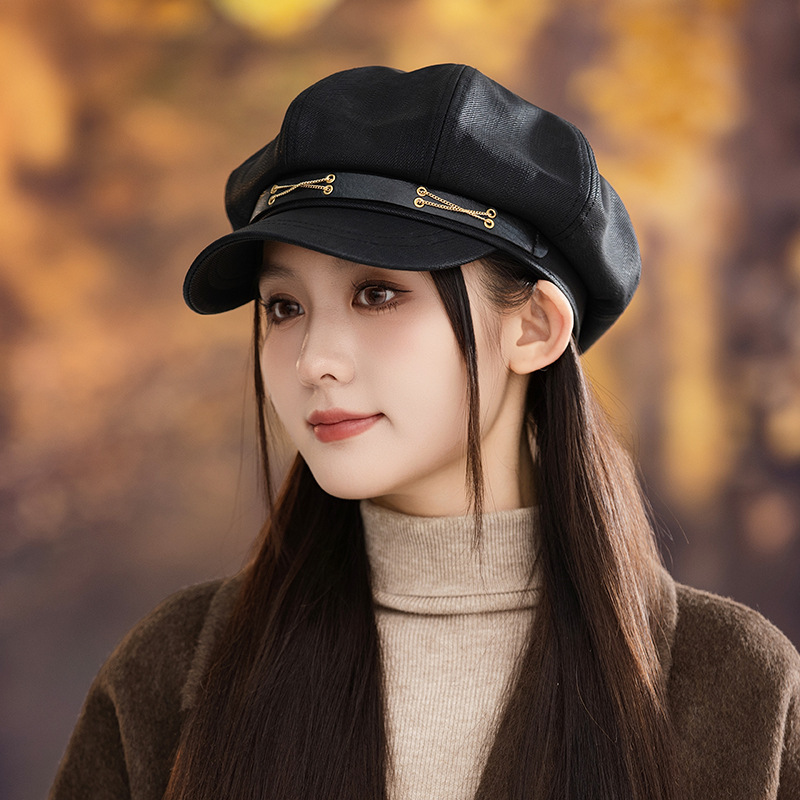 新款显脸小平顶鸭舌帽英伦风秋冬女士鸭舌帽八角帽女贝雷报童帽子|undefined