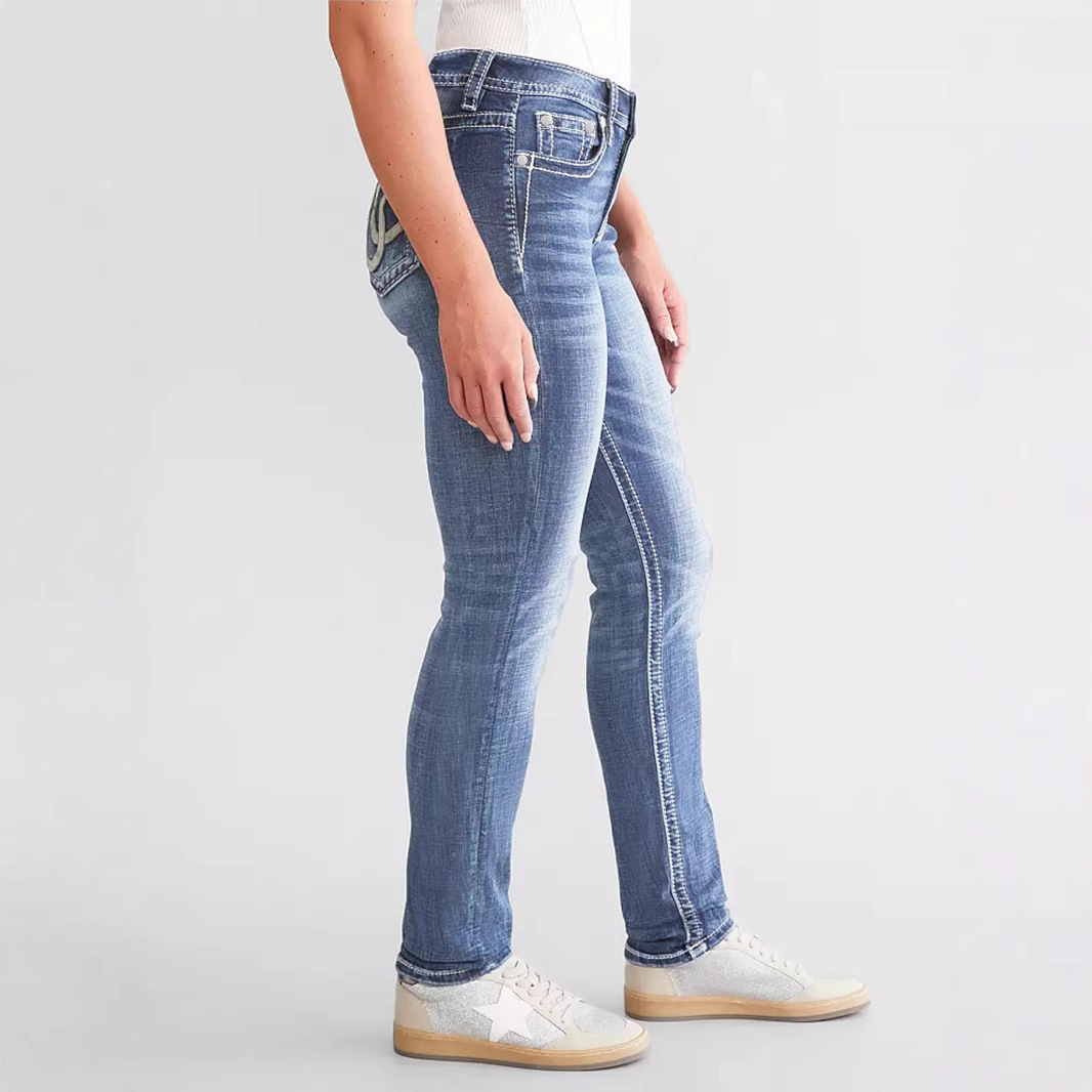 Women's Slim Fit Embroidered Jeans - Stretch Denim Pants With Floral Stitching (Blue, Sizes S-Xxl) Breathable Cotton Blend_ecoleips.com
