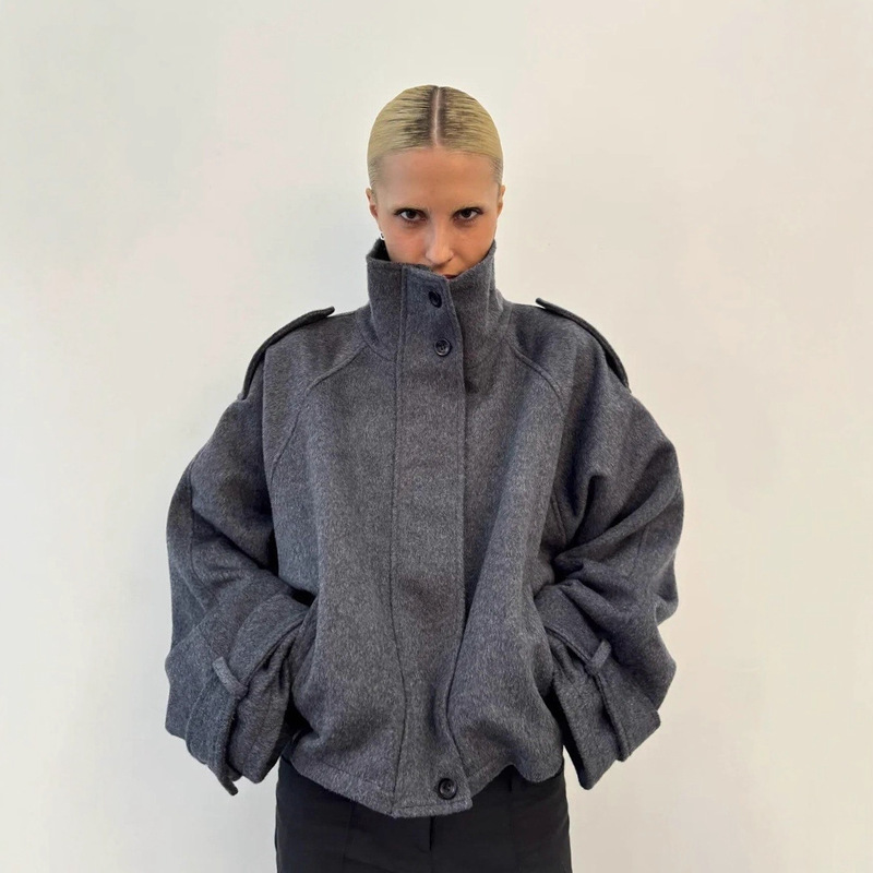 Cross-Border European and American High-Quality Stylish Gray Stand-Collar Woolen Coat for Women, Autumn and Winter, High-Quality Gray