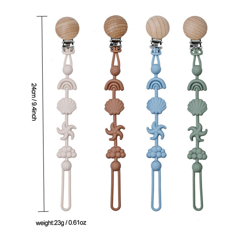 Nuevos productos para bebés de Amazon, clip para chupete de haya, cuentas de madera con forma de arco iris, cadena para chupete de silicona, cadena anticaída