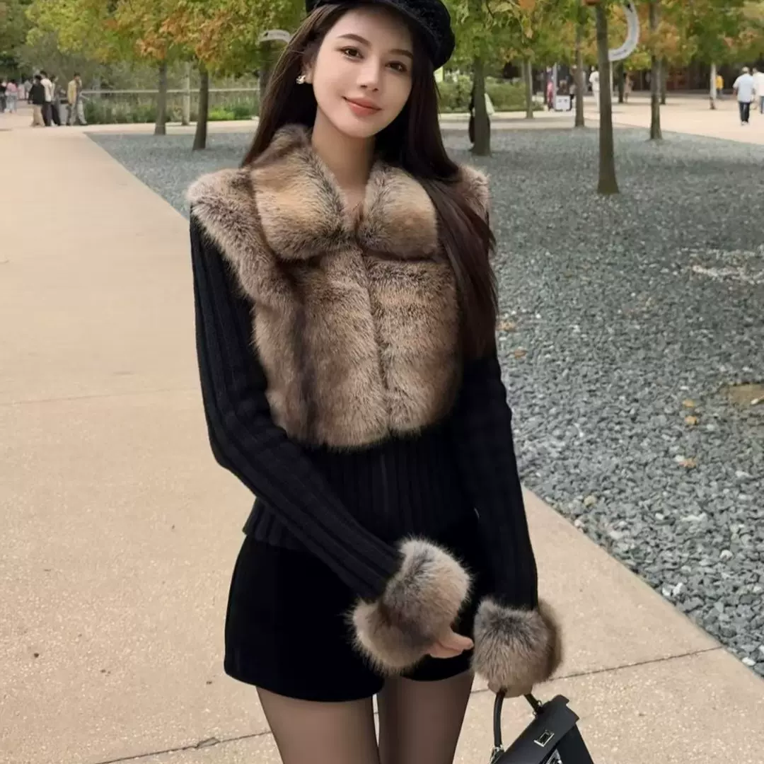 iamgi@环保皮草拼接外套女假两件辣妹翻领拉链保暖针织衫毛衣开衫