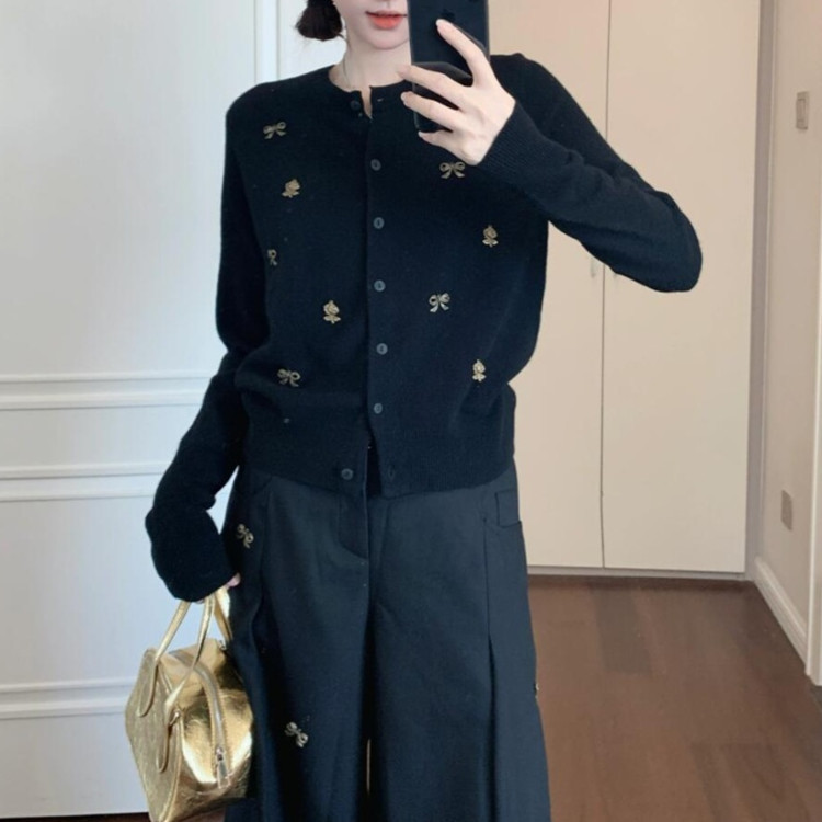 法式复古蝴蝶结开衫外套女气质春秋黑色高级感开春穿搭针织衫上衣|undefined