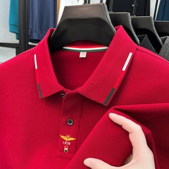 男性純綿長袖tシャツ中年襟春秋タイプカジュアル紳士服ゆるいボトムシャツ赤い本命年tシャツ