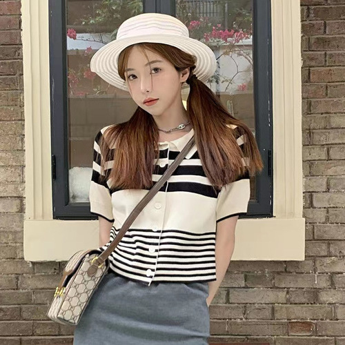 Summer Striped Polo Collar Short Sleeve Knit T-shirt for Women Sweet Cool Charming Thin Short Top