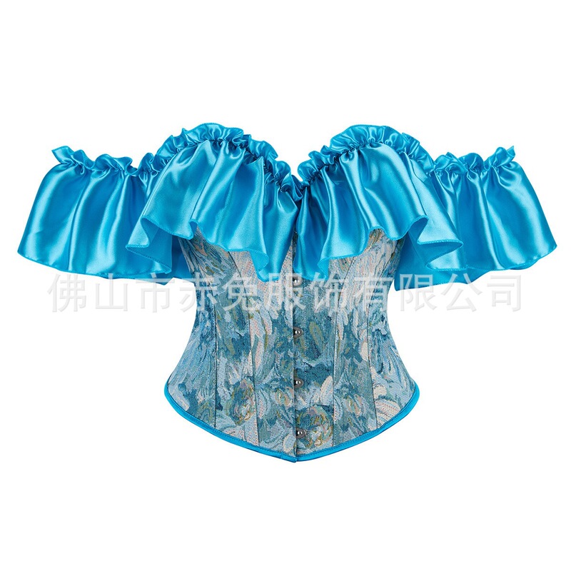 Spring new model bust-enhancing corset with satin floral ruffle sleeves, off-shoulder design, back tie, waist-cinching court-style shapewear Spring new model bust-enhancing corset with satin floral ruffle sleeves, off-shoulder design, back tie, waist-cinching court-style shapewear
