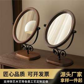 复古卧室台式镜子实木化妆镜家用桌面木质中式立式可旋转梳妆镜