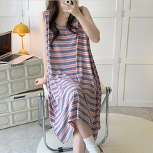 胖MM显瘦大码条纹背心睡裙女300斤夏季可外穿中长款无袖家居服ins