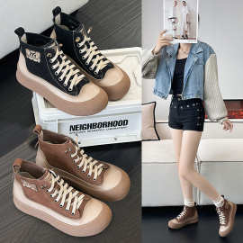 头层牛皮高帮鞋2025秋冬新款百搭休闲马丁靴显瘦厚底女鞋真皮短靴