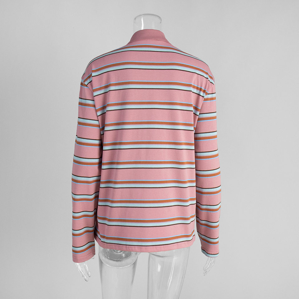 Áo thun nữ sọc dài tay cổ polo dáng rộng phong cách retro — hồng, màu nâu, nâu sẫm, quần kaki chi tiết 12