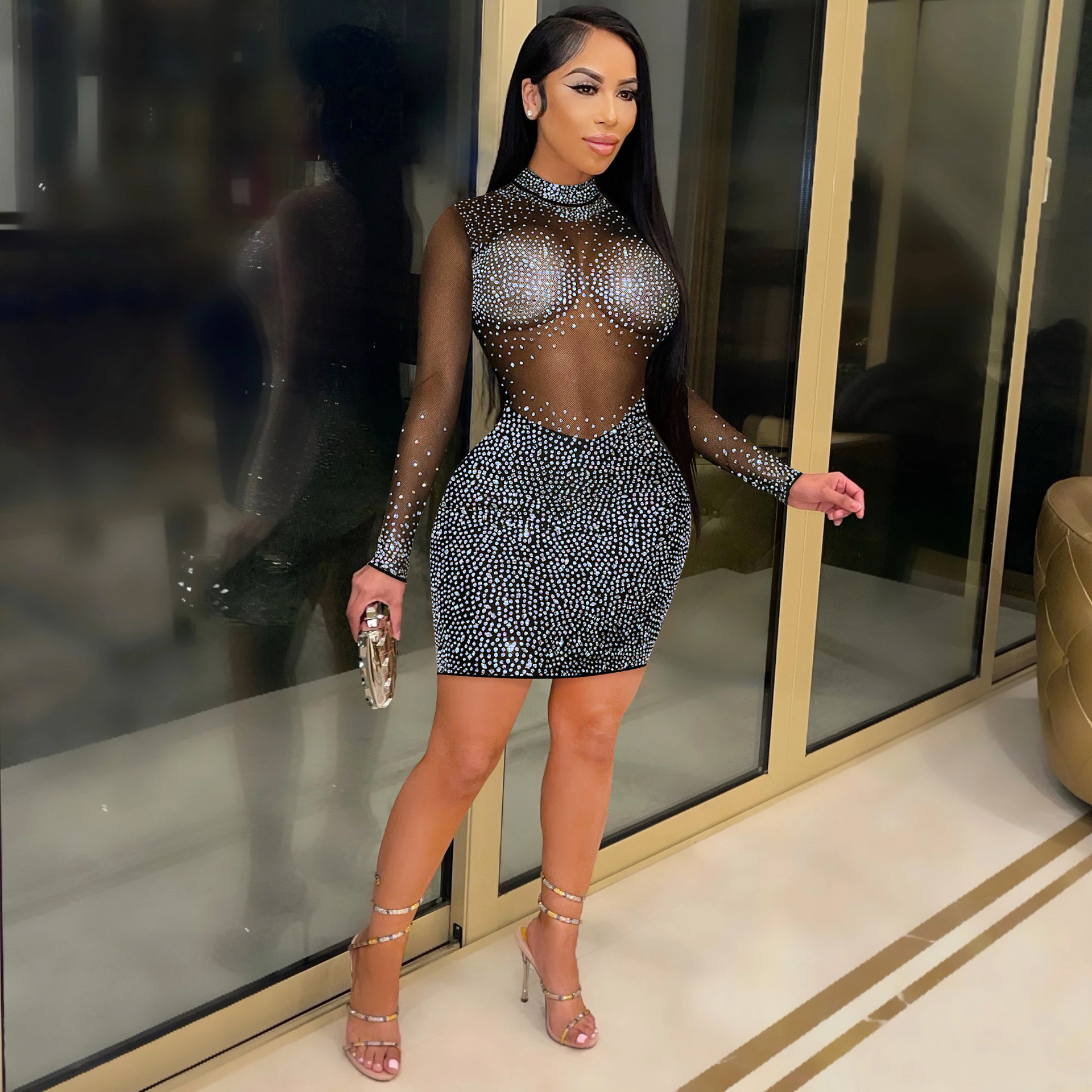 C5890 Aliexpress transfronterizo Amazon Europa y América de moda sexy club nocturno caliente de malla de perforación transparente vestido de manga larga