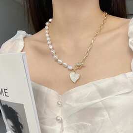 爱心珍珠项链女小众轻奢拼接不对称配饰锁骨链ins嘻哈时尚款颈链