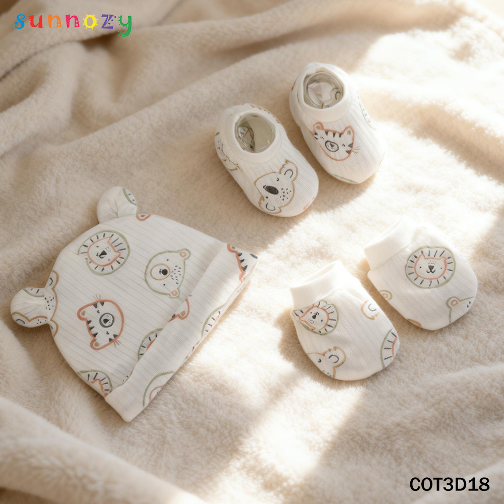 Conjunto de tres piezas de gorros y calcetines de algodón puro para recién nacidos Sunnozy, productos para recién nacidos, guantes, calcetines y gorros para bebés de cuatro estaciones.