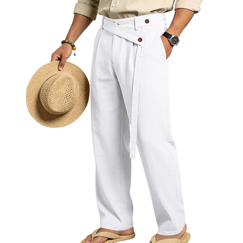 Men's Solid Color Linen Pants Simple Loose Fit High End Straight Leg Casual Midweight Polyester Long Trousers_viptrois.com