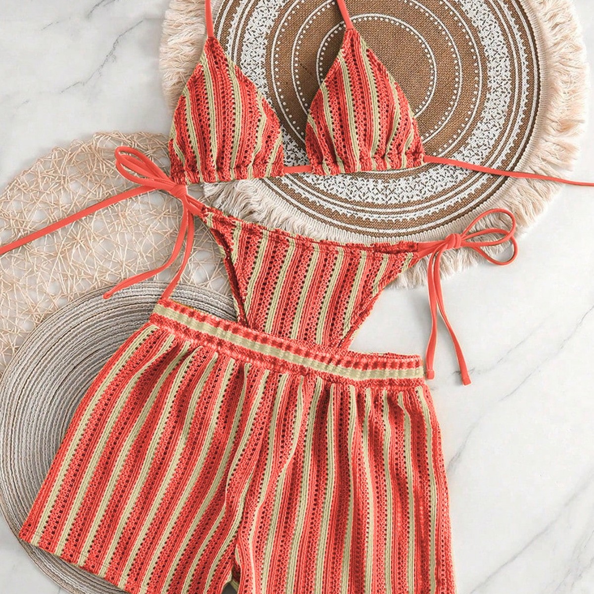 Costume da bagno da donna in tre pezzi lavorato a maglia con bordo incrociato, in pizzo e a righe, stile bohémien_voghion.com