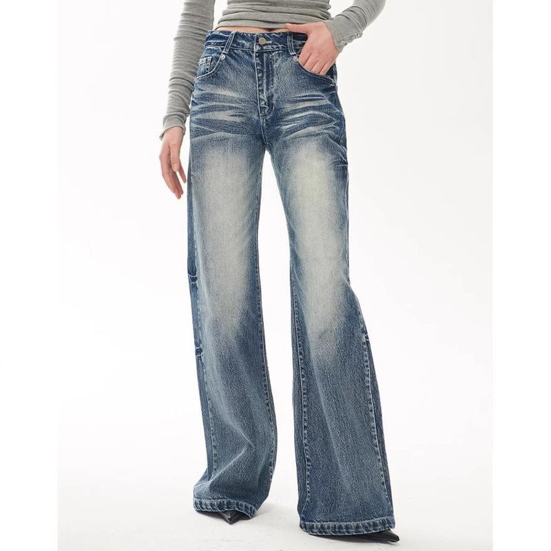 Original Design American Style Retro Wide Leg Covered Foot Pants light blue Straight Loose Washed Jeans Women's Trendy New