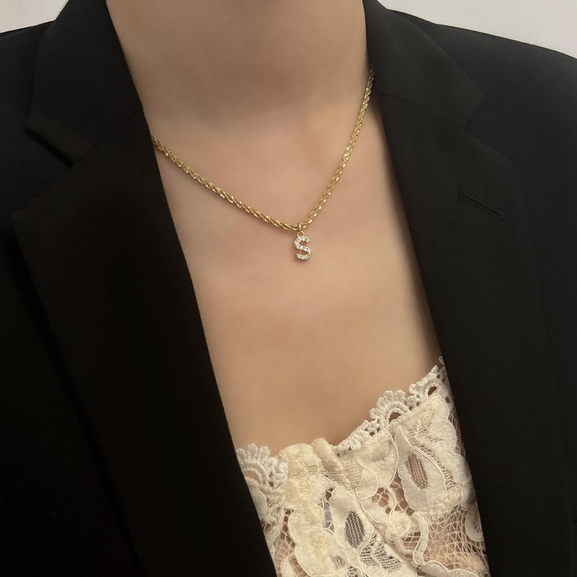 10g Weight Zircon Inlay Material Pendant Necklace Classification 1 Piece Quantity Holiday, Daily Occasion Titanium Steel Material Letter Pattern Women's Gender Plating, Inlay Design Simple Style, Classic Style Style Simple Style Classic Style Letter Titanium Steel Plating Inlay Zircon Pendant Necklace 15