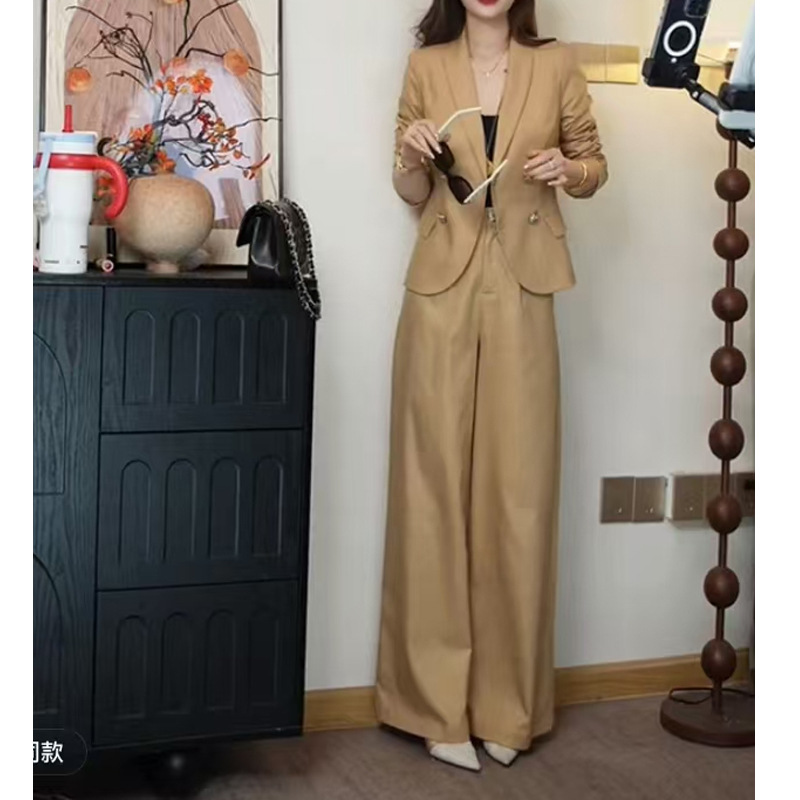 GraceChic Elegant Women's Outfit 2025 New Spring Fashion Wide-Leg Pants Two-Piece Long Sleeve Blazer Set_voghion.com