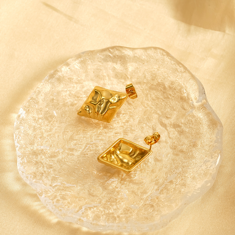Gold Stainless Steel Hammered Prismatic Stud Earrings Minimalist_voghion.com
