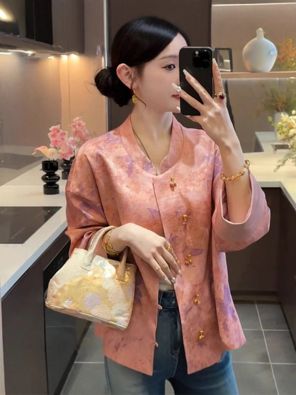新中式国风立领外套女气质盘扣 提花长袖宽松唐装短款百搭上衣|undefined