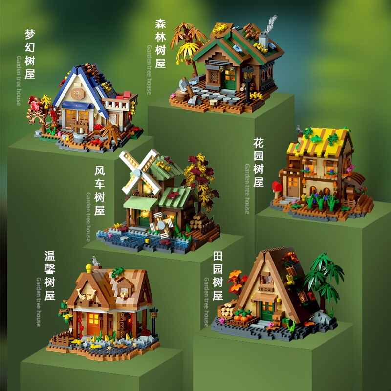 Forest Log Cabin Building House Street Scene Educational Toy Building Blocks Cross-Border Compatible with Lego Handmade Windmill Treehouse for Children