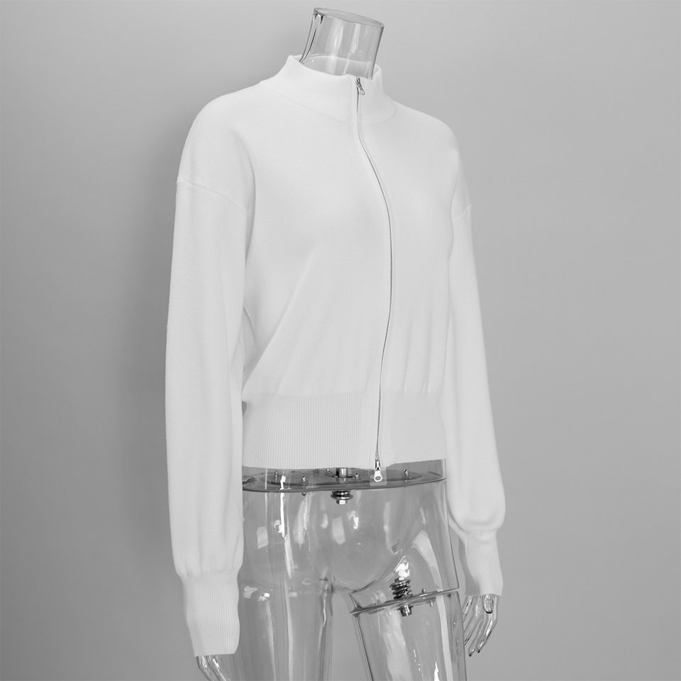 Áo khoác cardigan len dệt kim cổ đứng khóa kéo hai chiều dài tay — Màu nâu cà phê, Màu trắng, màu đen, màu đỏ chi tiết 45
