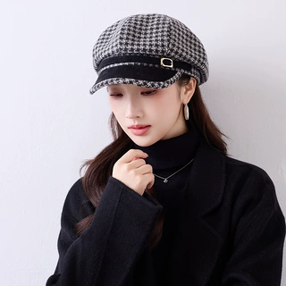 韩系新款复古格纹八角帽子女秋冬潮流金属扣百搭时髦显脸小画家帽