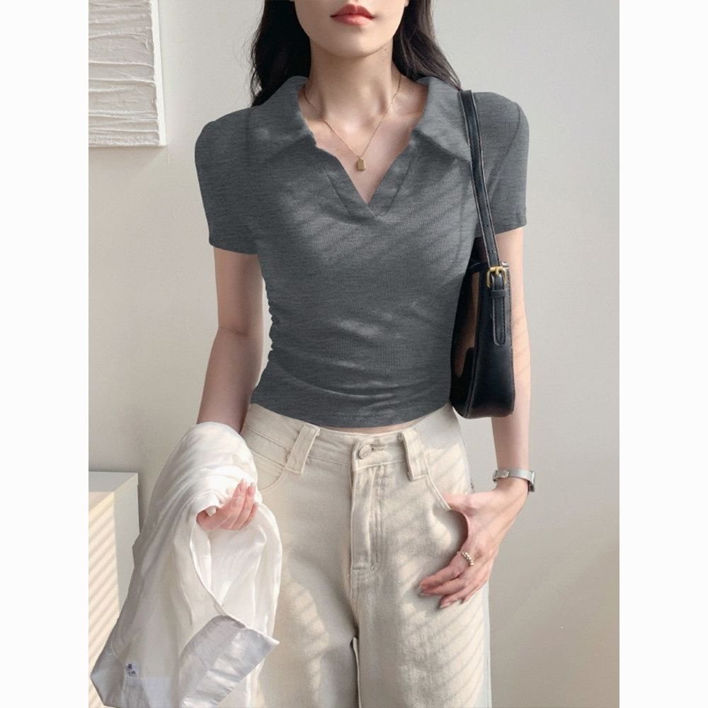 Women's Polo Collar Short Sleeve T-Shirt, Summer 2026 New Style, Ribbed Knit Slim Fit Short Sleeve Top, Black