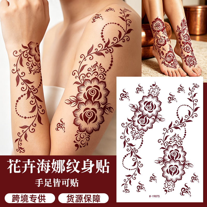 Cross-border brown-red henna tattoo stickers, waterproof Indian henna hand-painted temporary tattoos, Amazon henna tattoo