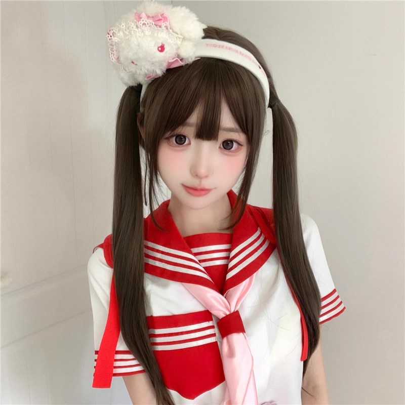 Peruca doble cola de caballo Xiaoluo mujer celebridad en línea diaria Lolita cabello largo recto natural Qi franja cubierta de cabeza jk Xiaoluo