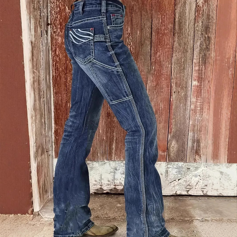 Cross-Border European and American Popular Elastic Embroidered Baggy Pants Amazon Washed Lightning Crack Mid-Waist Denim Pants