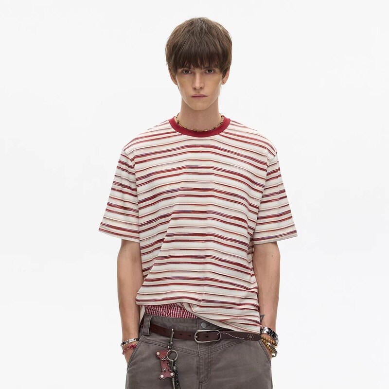 Blaexit American Retro Red Striped Short-Sleeve Men's T-Shirt, Casual Loose Fit, Round Neck, Color-Blocking Top Blaexit American Retro Red Striped Short-Sleeve Men's T-Shirt, Casual Loose Fit, Round Neck, Color-Blocking Top