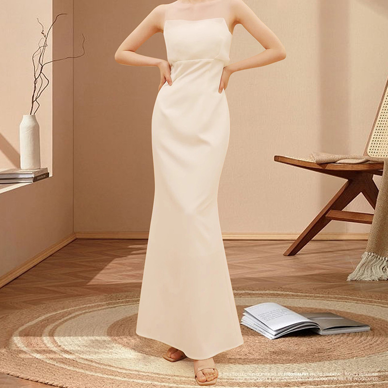 Cross-Border French Tube Top Light Wedding Dress Bride Travel Photography Mesh Fishtail Dress Photo Studio Photo White Dress Wholesale