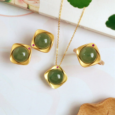 Nephrite  jewelry suit wholesale lady s925 Gold-plated Sapphire Geometry Radius Retro atmosphere Three