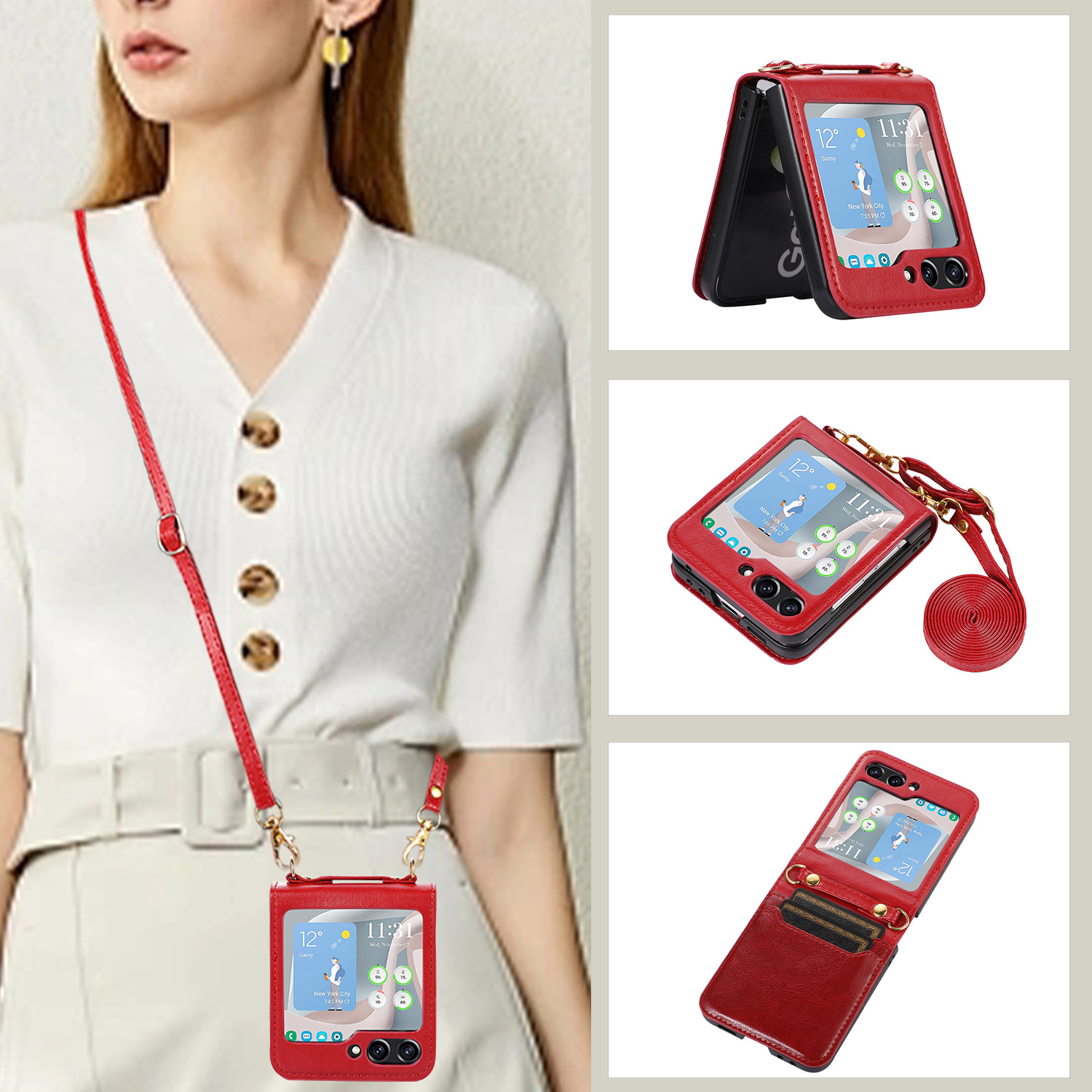 Suitable for Samsung ZFlip5 color blocking glossy card ZFLIP3/4 diagonal hanging rope fashion socialite foldable phone_voghion.com