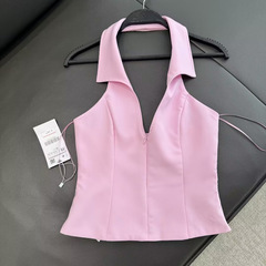 Myst&Za女裝2024春夏新款甜辣風露背修身襯衫式掛脖領上衣2796777