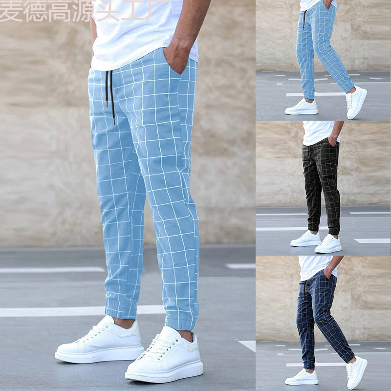 2023 New Cross-Border European and American Amazon Street Fashion Plaid Casual Long Pants Fashion Ripped Pants Drawstring Pants Wholesale