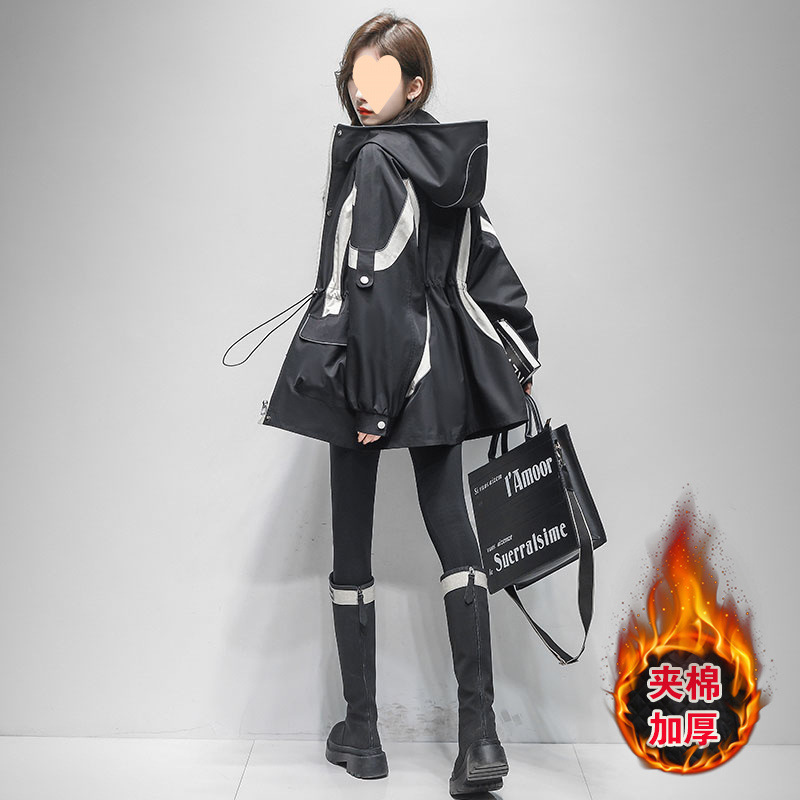 ファッショナブルなコントラストカラーのジャケット女性のための 2025 春と秋の新しいウエスト痩身ミッドレングスカジュアルフード付きウインドブレーカー|undefined