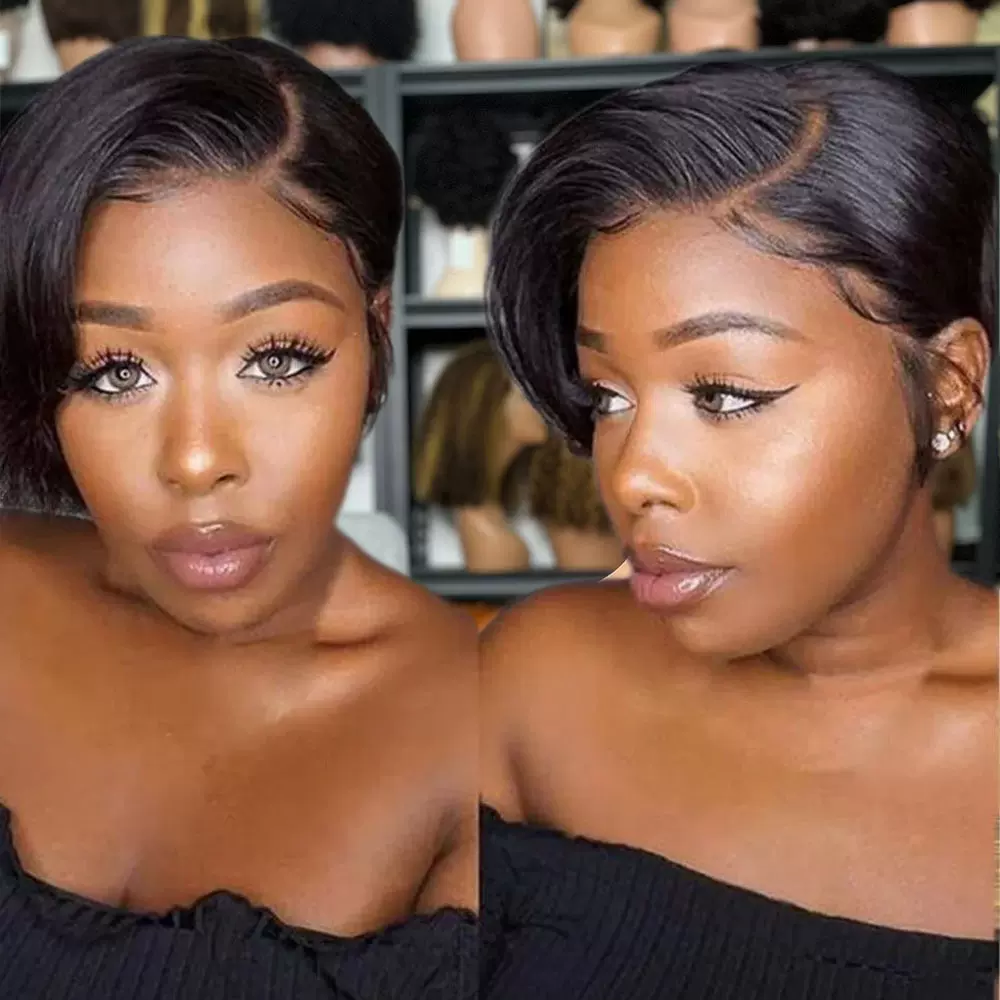 T型蕾丝假发human hair pixie T part wig短款偏分直发真人发头套