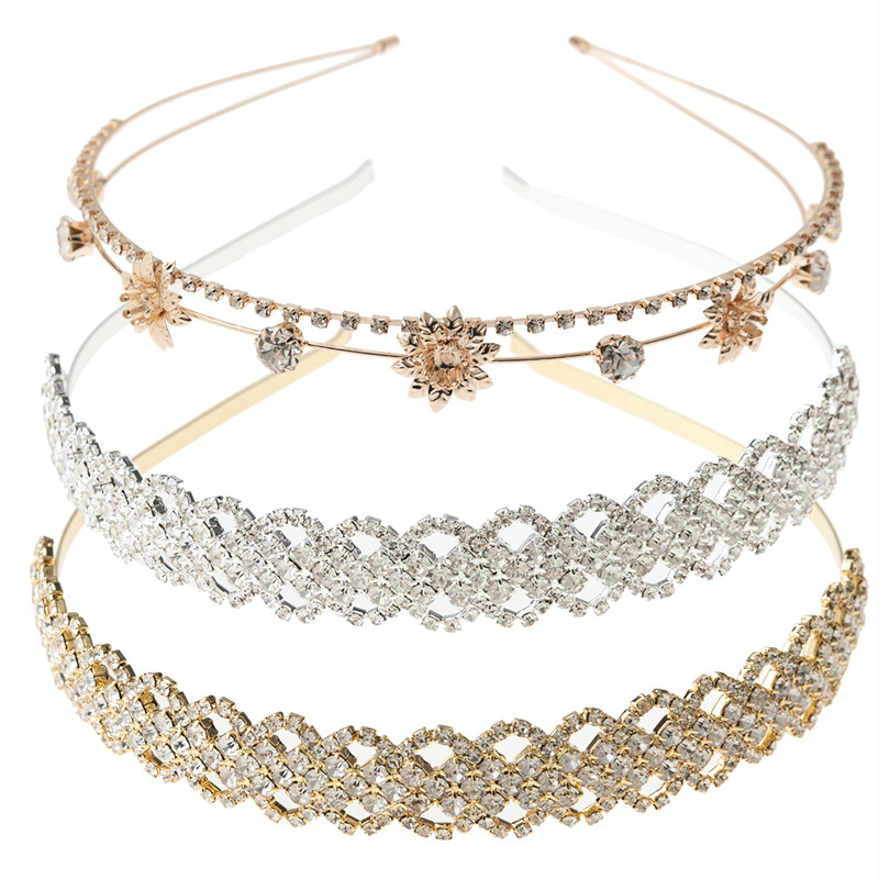 Amazon nuevo rhinestone diadema joyería nupcial Flor de doble capa fina diadema de los niños corona tocado lote de fábrica