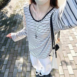 原版面料美式宽松慵懒韩系休闲松弛气质女秋罩衫上衣条纹长袖T恤