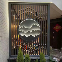 新中式圆形不锈钢假山屏风隔断带灯背景墙户外庭院景墙玄关装饰