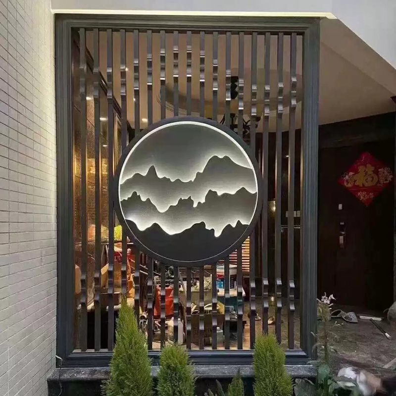 New Chinese style round stainless steel rockery screen partition with light background wall outdoor courtyard view Wall entrance decoration