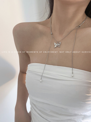 Silver Butterfly Pull-Chain Necklace for Women, Chic Cold Wind, Light Luxury Clavicle Chain, Fashion  New Arrival, Versatile Collar Necklace