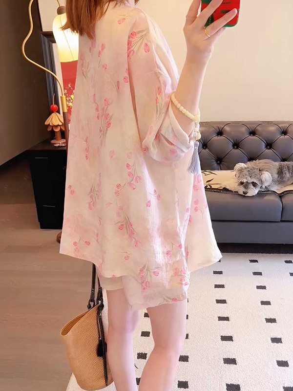 新中式国风套装女夏秋季别致气质时尚盘扣印花衬衫短裤两件套大码|undefined