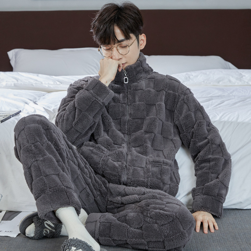 Autumn and Winter Men's Coral Velvet Pajamas Thickeneded Velvet Long-Sleeved Flannel Home Clothes Set Can Be Worn Outside in Winter